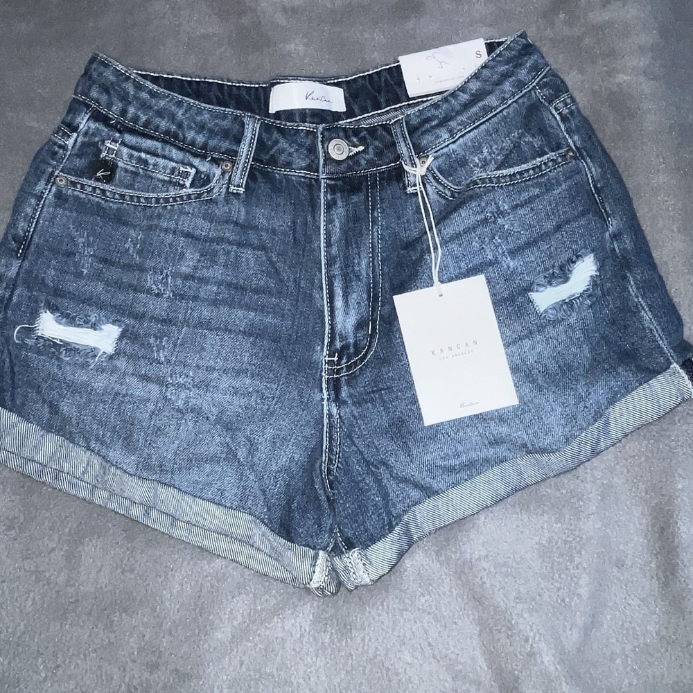 Kancan Womens High Rise Distressed Blue Jean Denim Cuffed Shorts Small New